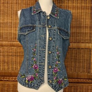 Vintage Bill Blass Blue Floral Embroidered Rhinestone Embellished Denim Vest M